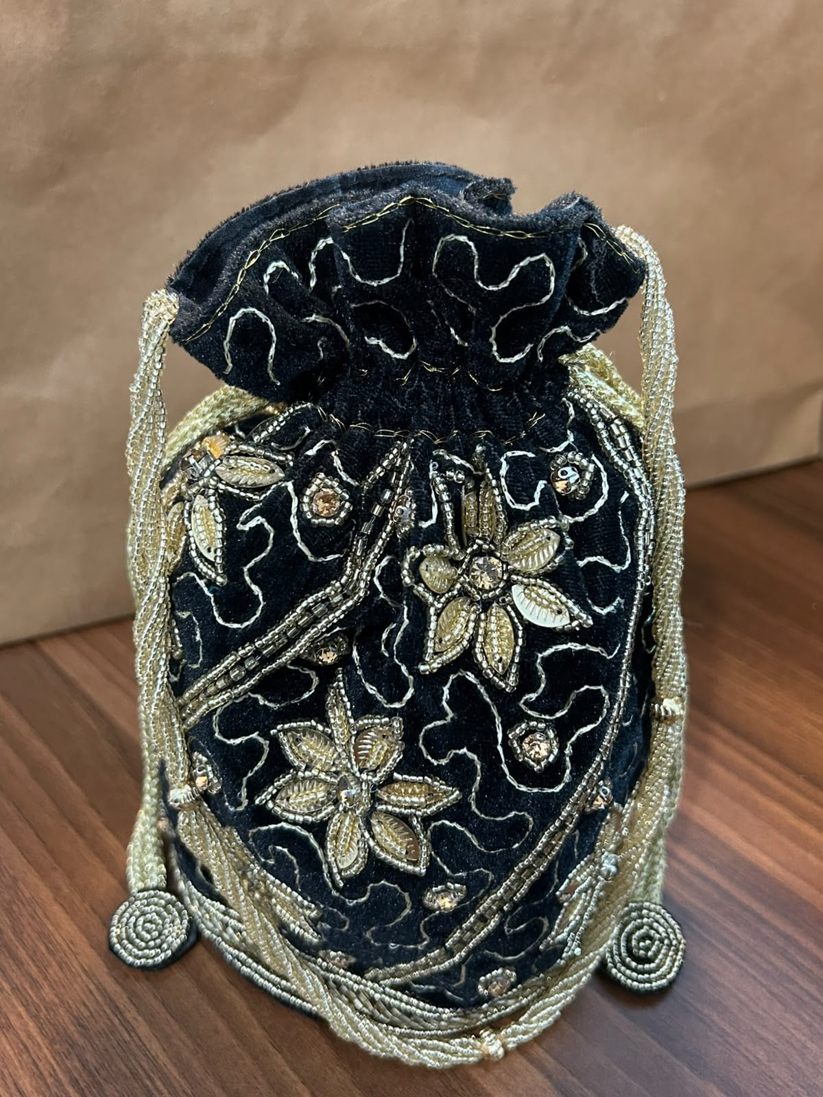 Original Midnight Botanica black floral drawstring potli