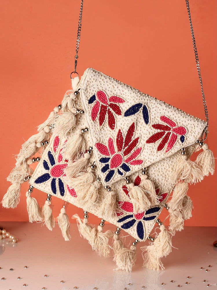 Original Petal Parade ivory floral beaded tassel bag