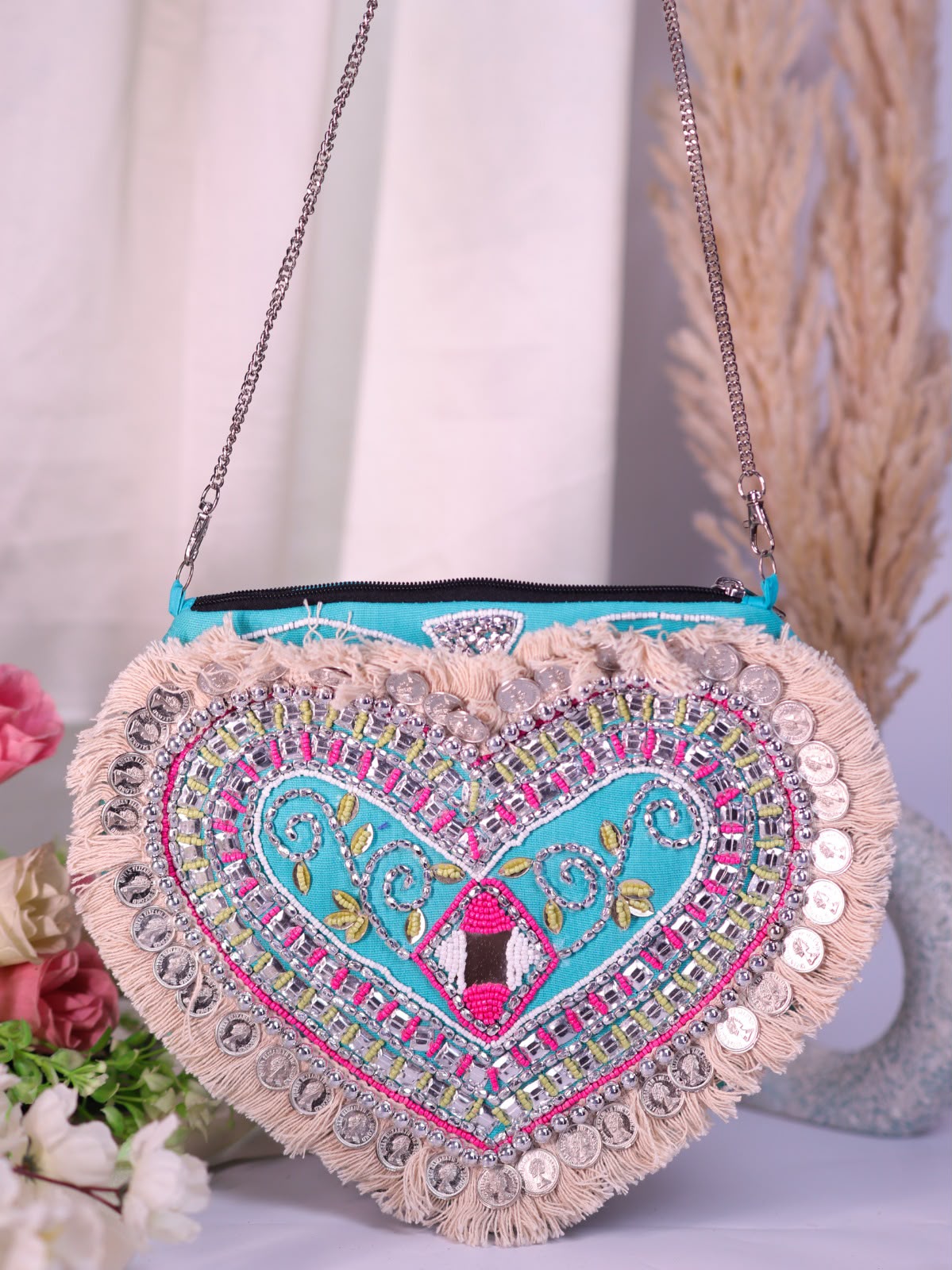 Original Dilara turquoise heart-shaped bag with cream fringe and silver-tone coins
