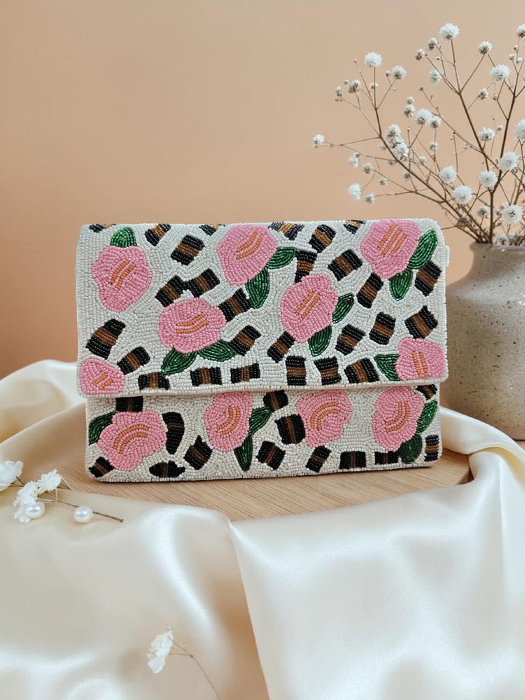 Original Rosalie ivory beaded flap bag with pink roses