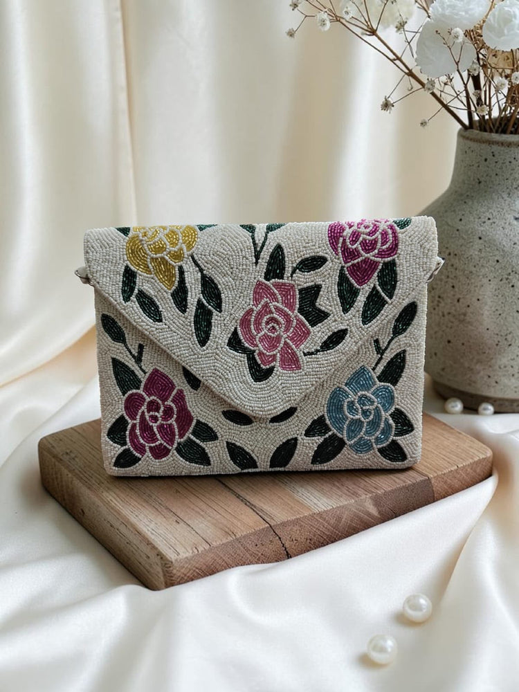Original Flora ivory bag with colourful beaded roses and green leaves