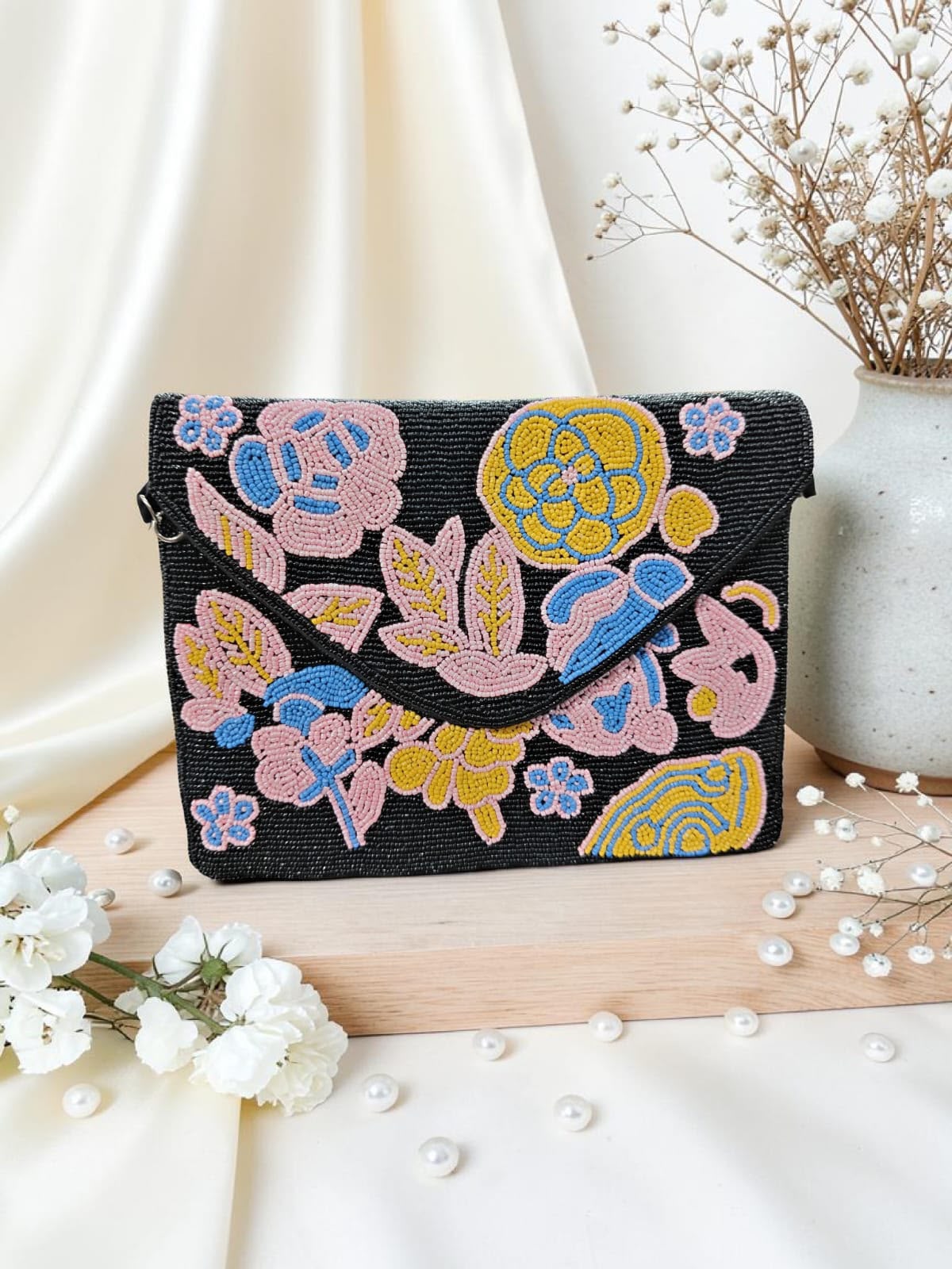 Original Noor black bag with pastel floral beadwork