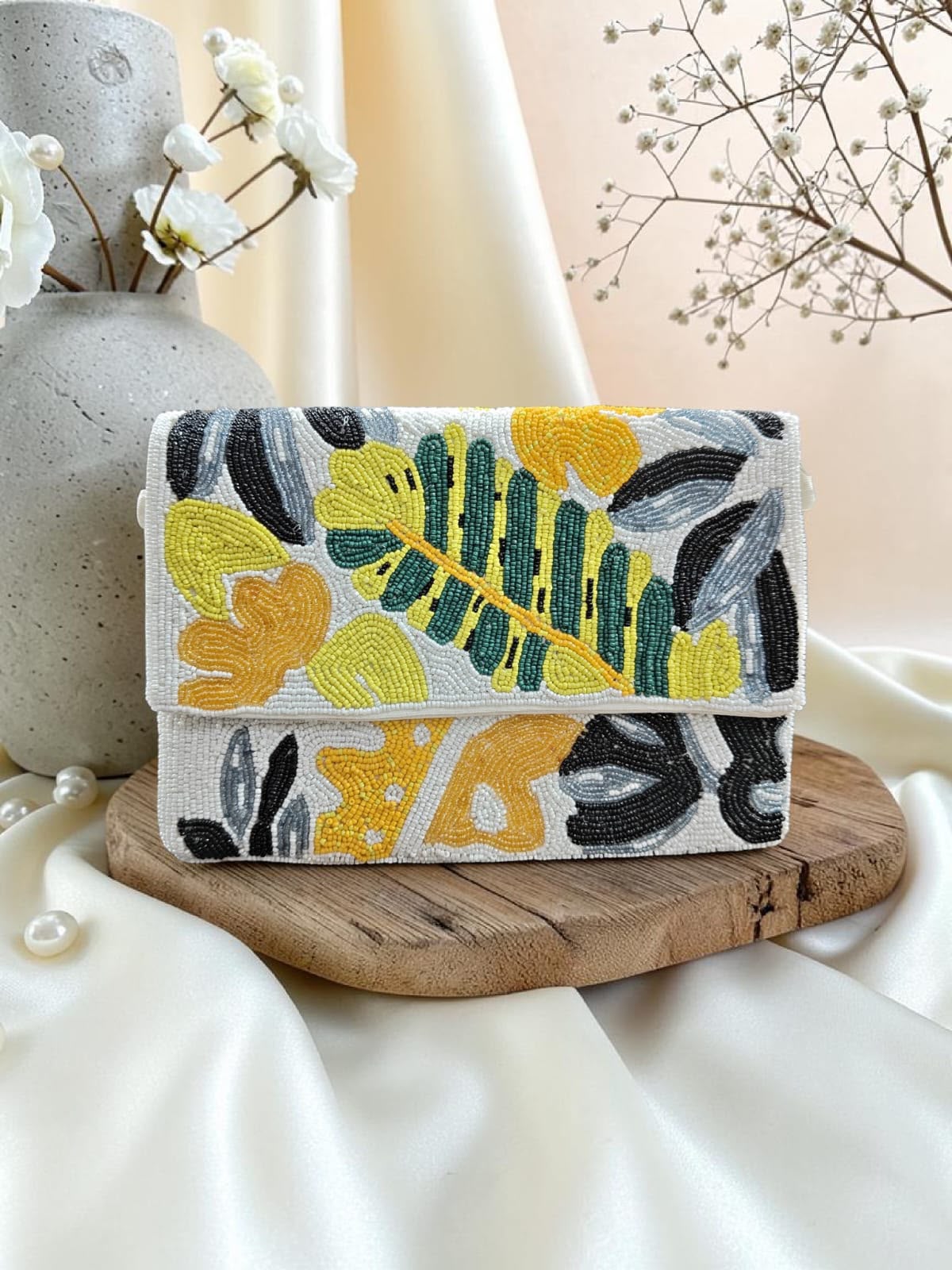 Original Paloma yellow and green botanical beaded bag