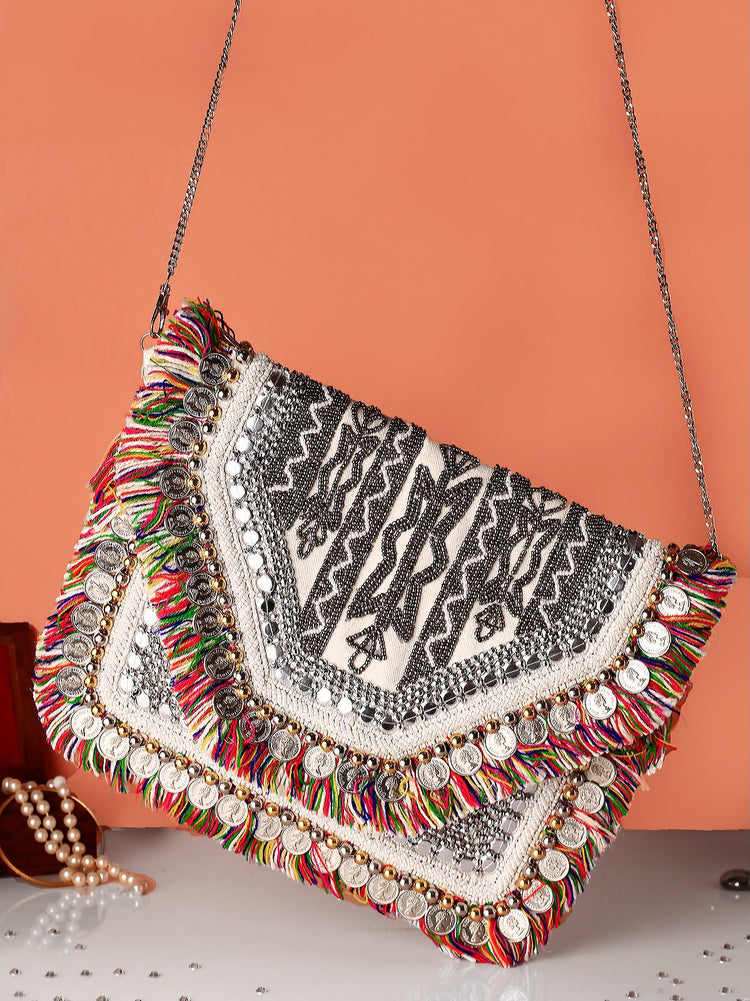 Original Sahara black and ivory geometric bag with coins and colourful fringe