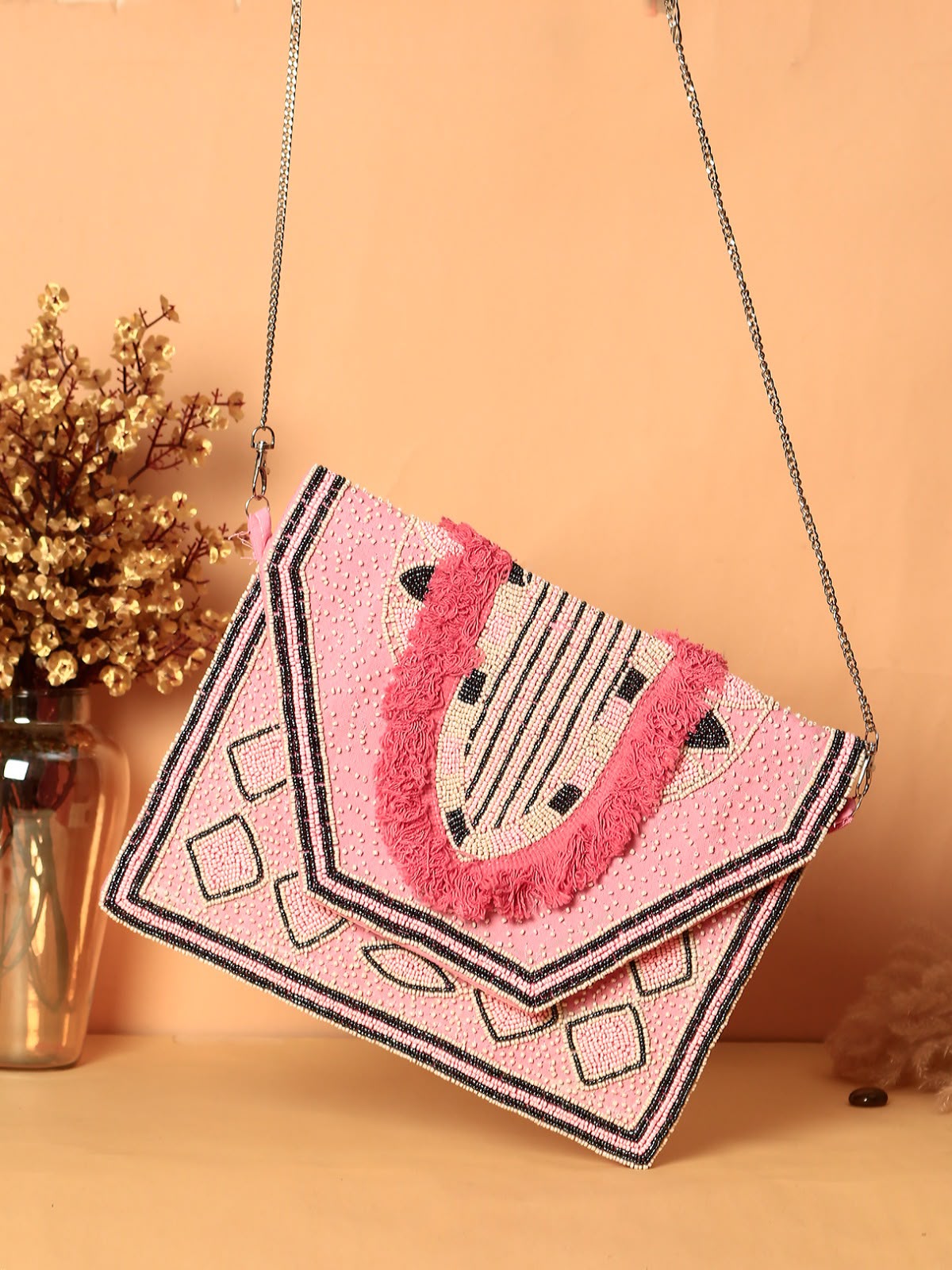 Original Amara pink geometric beaded bag with hot-pink fringe