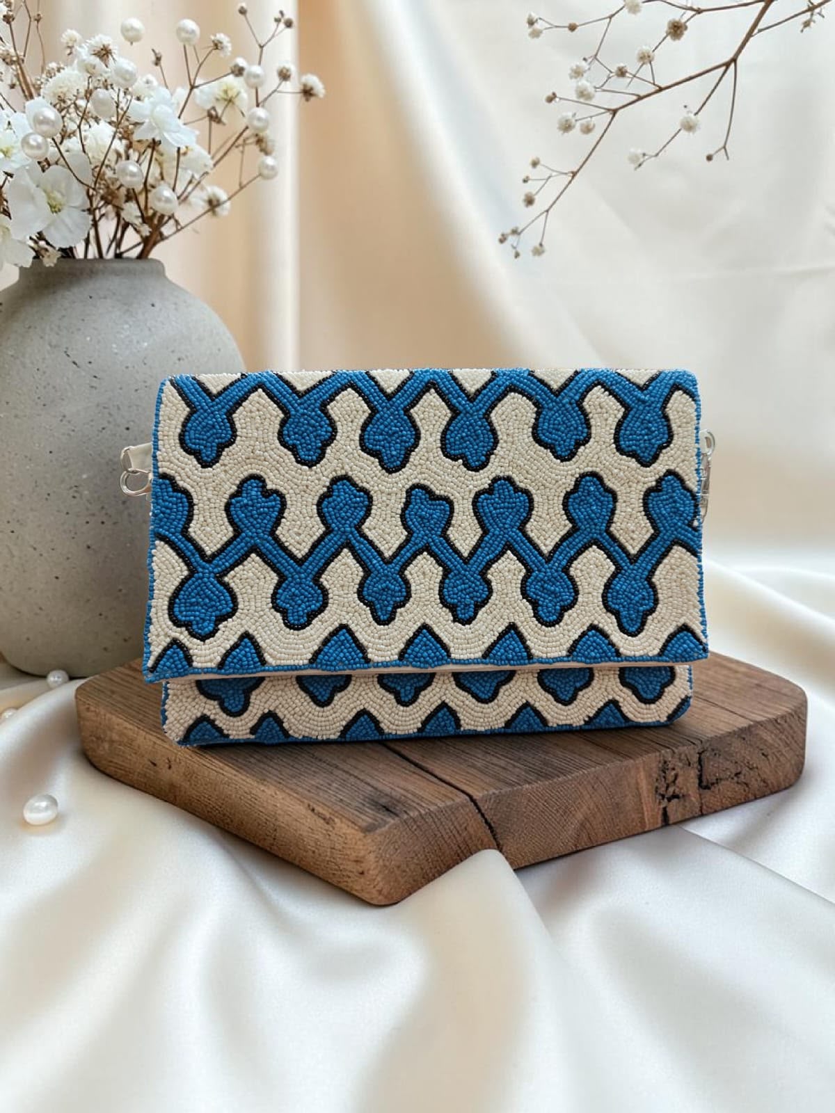 Original Azura blue and ivory geometric beaded bag