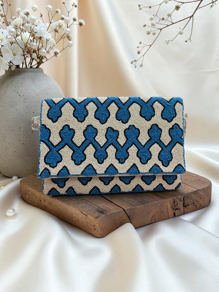 Original Azura blue and ivory geometric beaded bag
