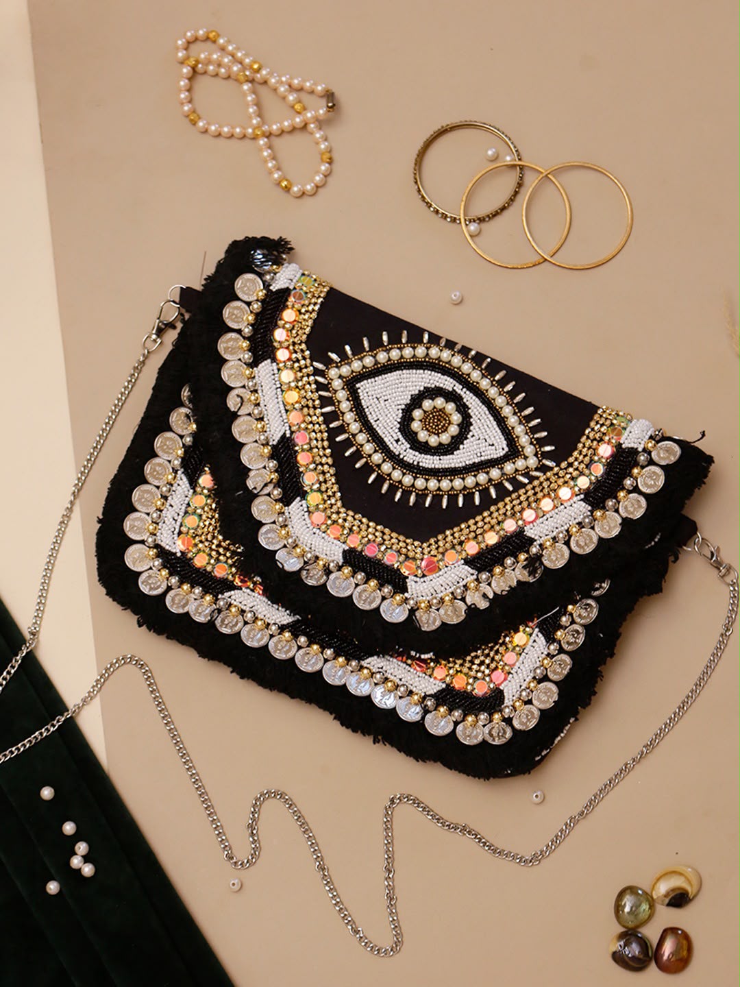 Original Nazar black eye-motif bag with coins and fringe