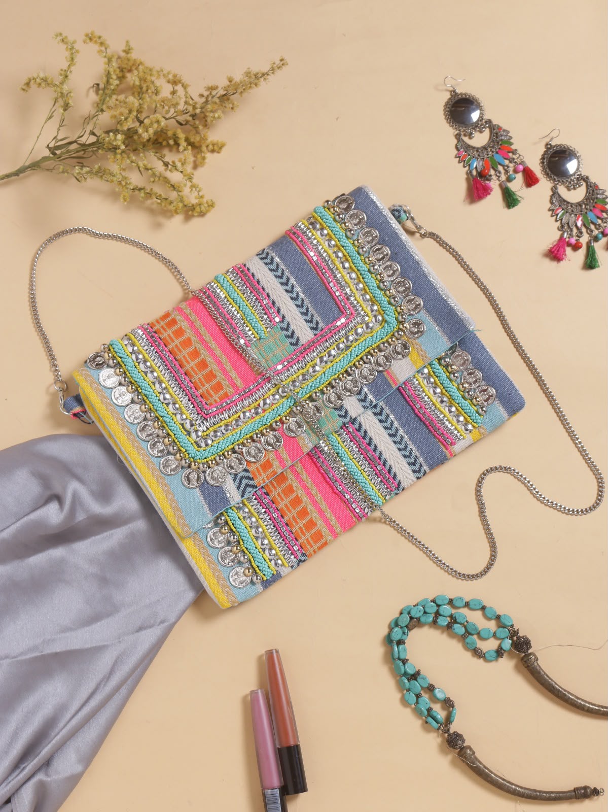 Original Candy Coast multicolour striped bag with silver-tone coin trim