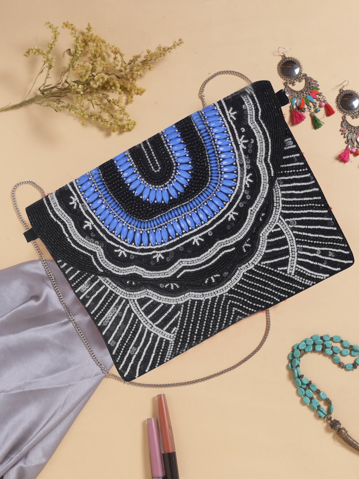 Original Indira black bag with blue teardrop accents and silver-tone beadwork