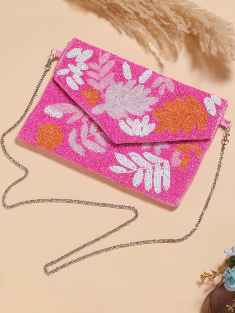 Original Pink Tropic pink beaded envelope bag with white blush and orange leaves