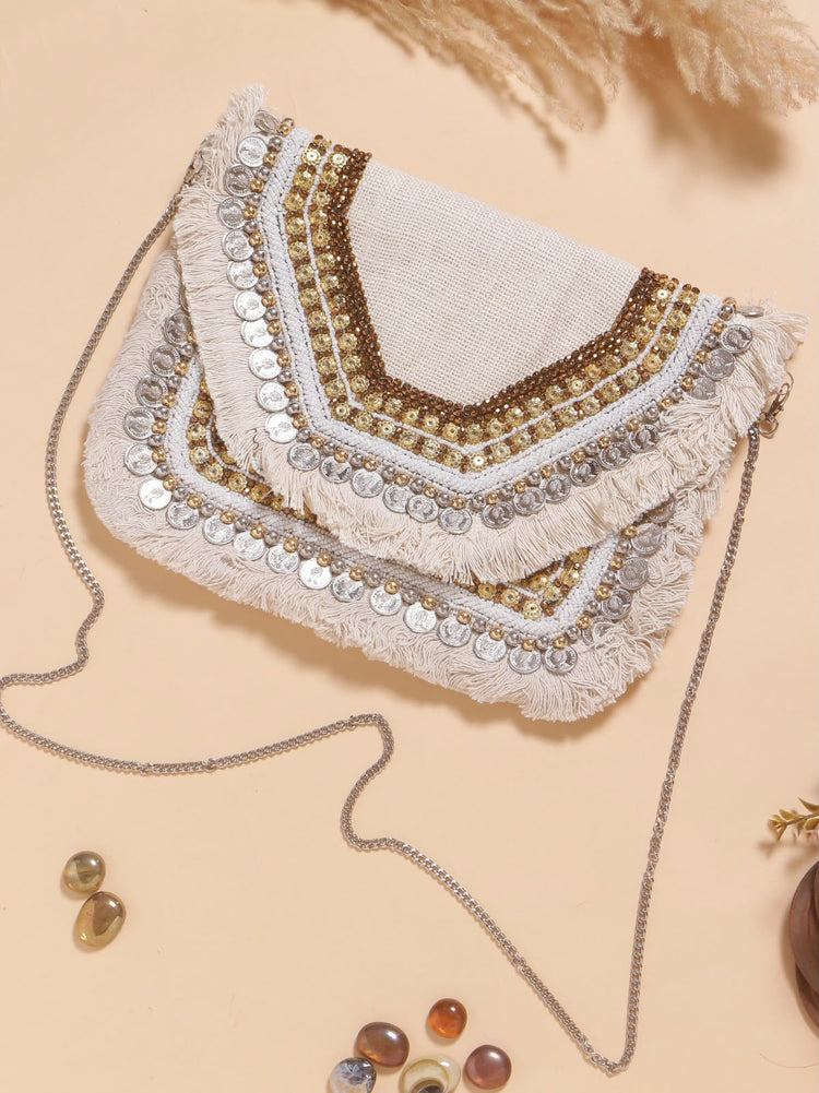 Original Ivory Glow beaded envelope bag with metallic sequins coins and ivory fringe
