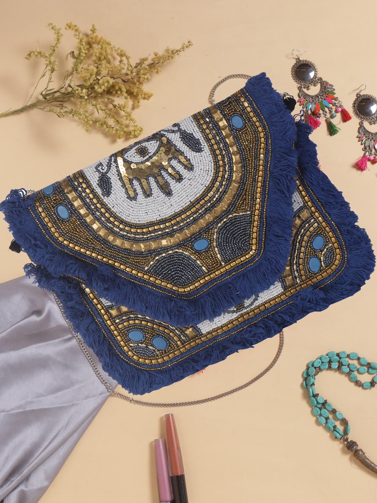 Original Blue Oracle navy eye-motif beaded fringe bag