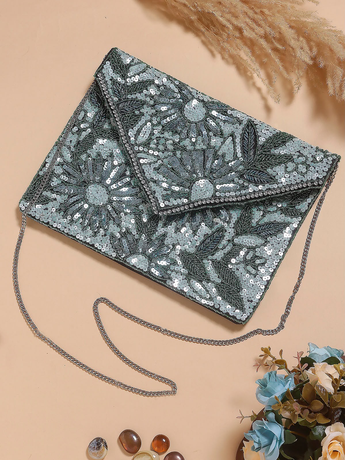 Original Moonlit Bloom charcoal envelope bag with silver-grey floral sequins
