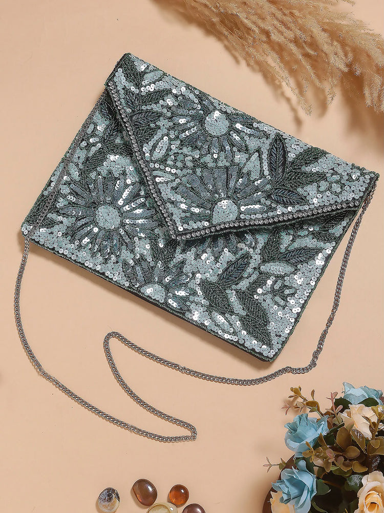 Original Moonlit Bloom charcoal envelope bag with silver-grey floral sequins
