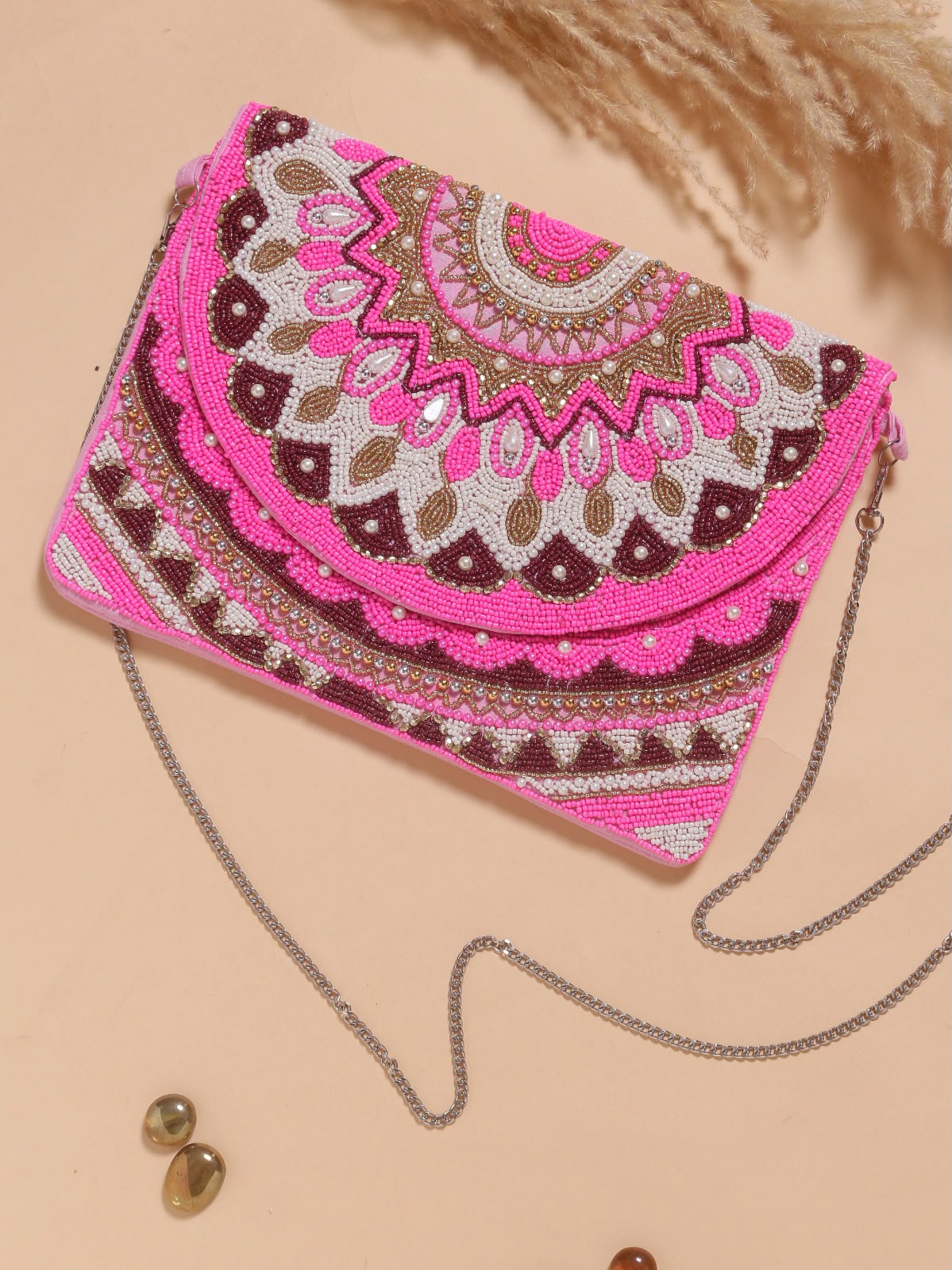 Original Zahra pink mandala-style beaded flap bag with silver-tone chain