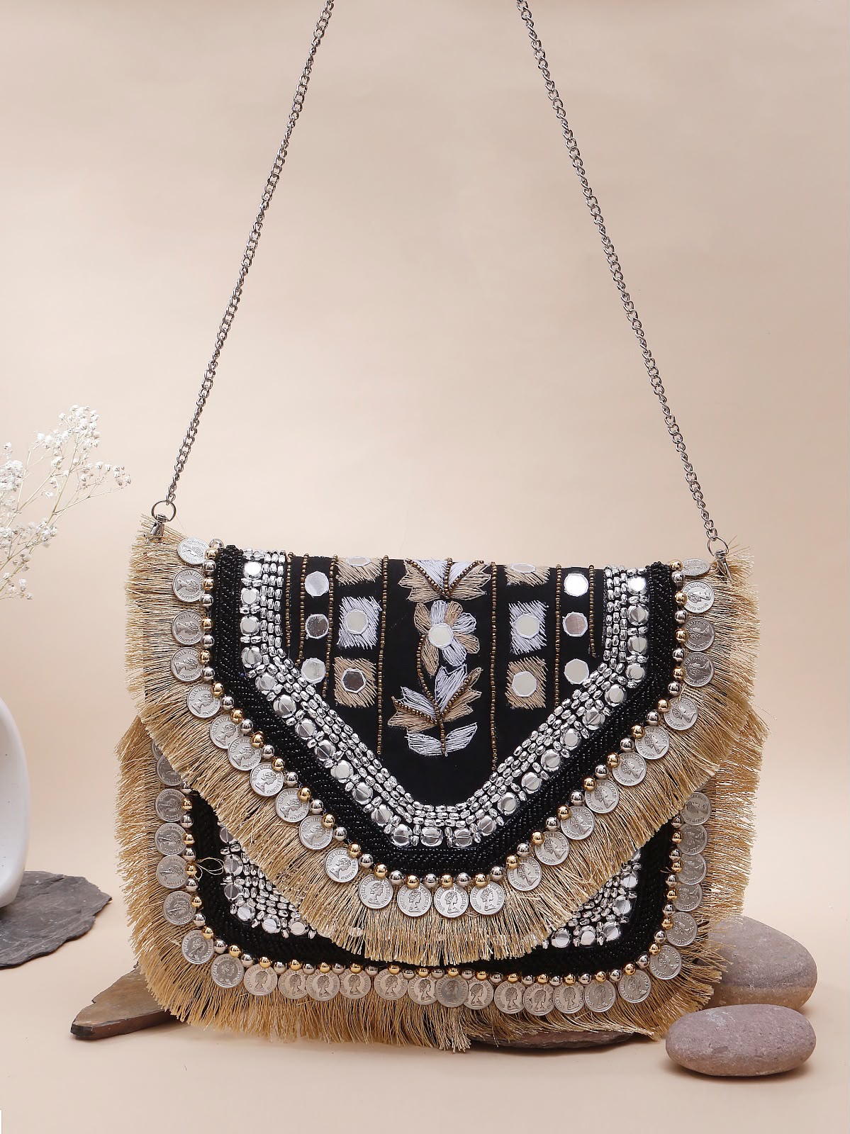 Original Moonlit Petal black floral coin and fringe bag