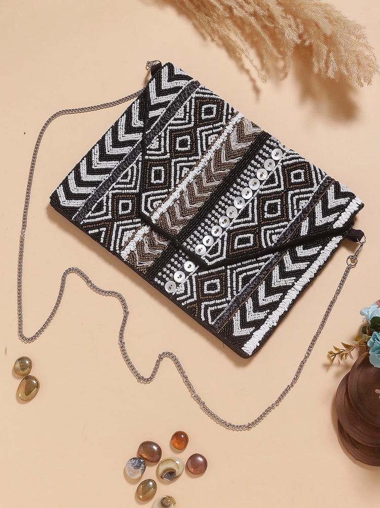 Original Monochrome Muse black-and-white geometric beaded envelope bag
