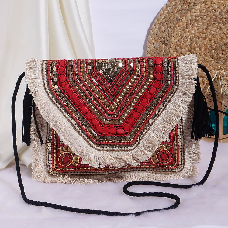 Original Red & Ivory chevron beaded fringe bag