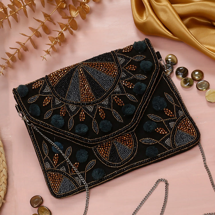 Original Midnight Mosaic black and bronze beaded pom-pom bag