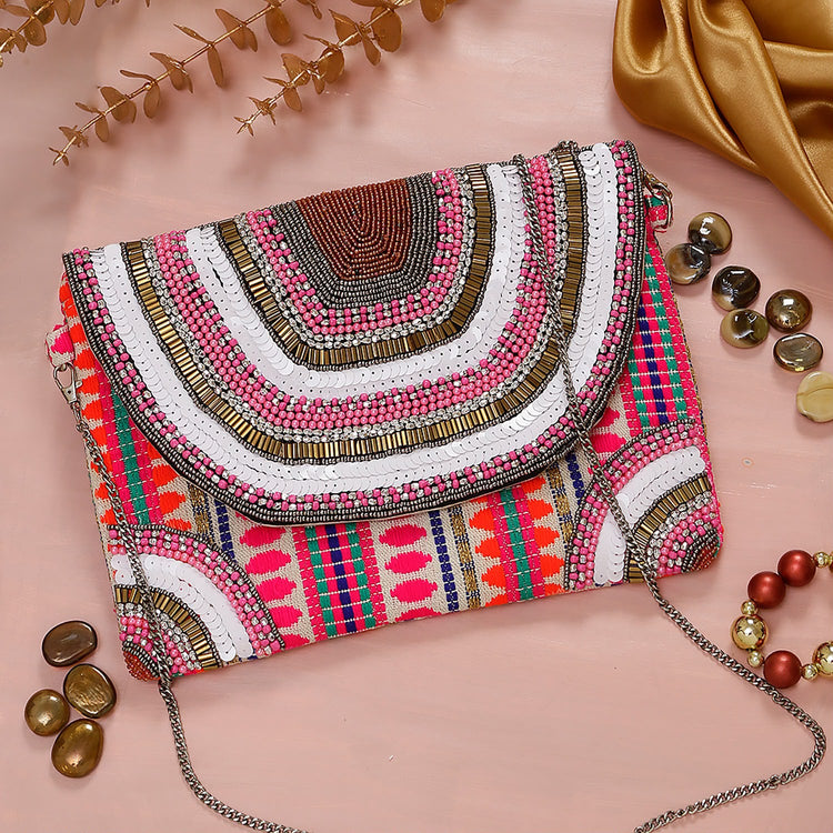 Original Pink Reverie multicolour sequin and beaded flap bag