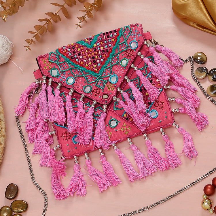 Original Rani pink bag with turquoise embroidery, mirrors and pink tassels