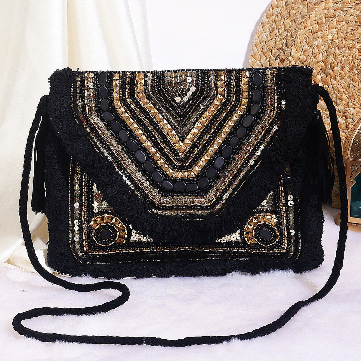 Original Black & Gold beaded chevron fringe clutch