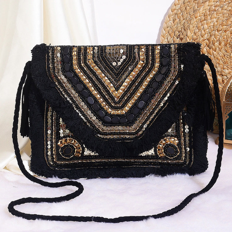 Original Black & Gold beaded chevron fringe clutch