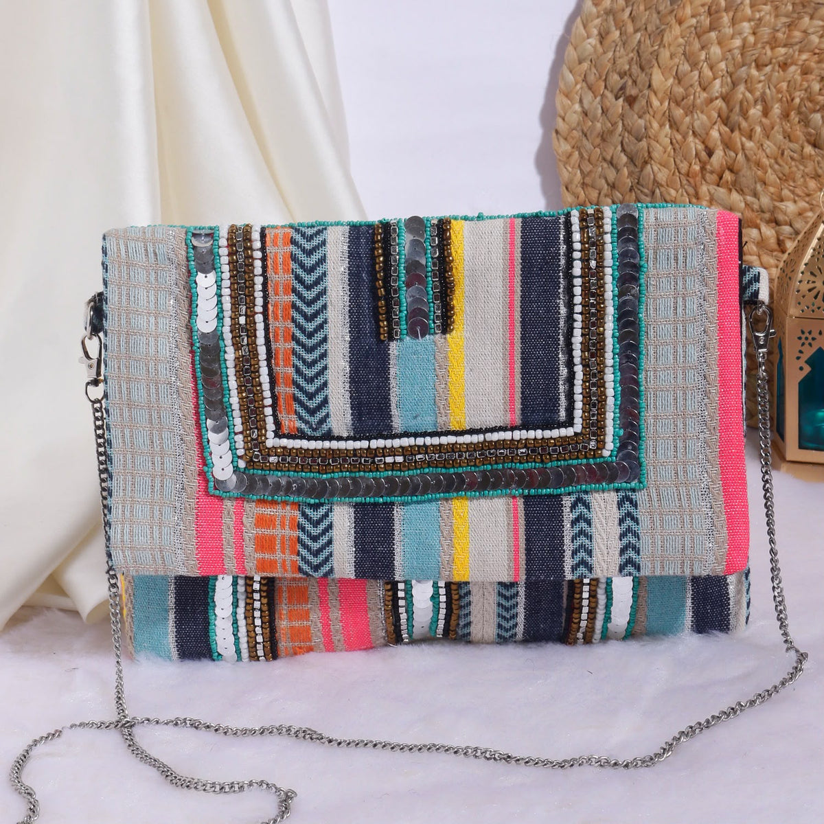 Original Prism multicolour striped beaded clutch with silver-tone chain