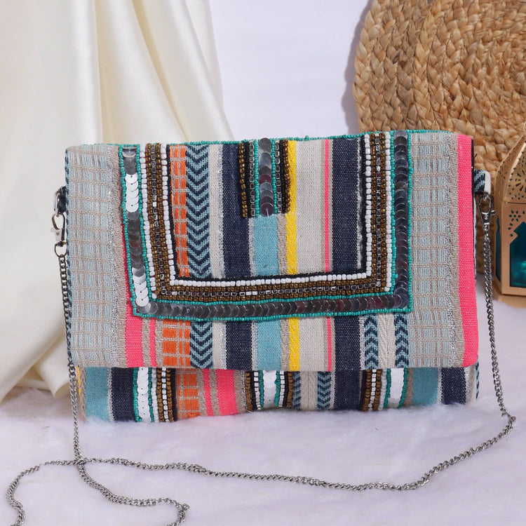 Original Prism multicolour striped beaded clutch with silver-tone chain