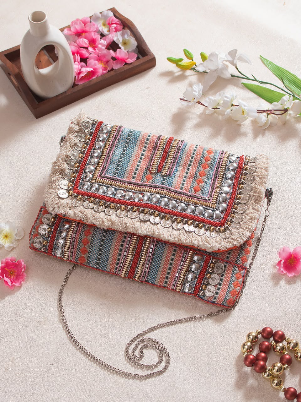 Original Desert Stripe woven coin and fringe clutch