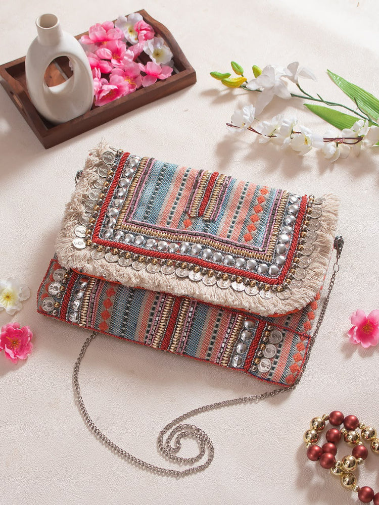 Original Desert Stripe woven coin and fringe clutch