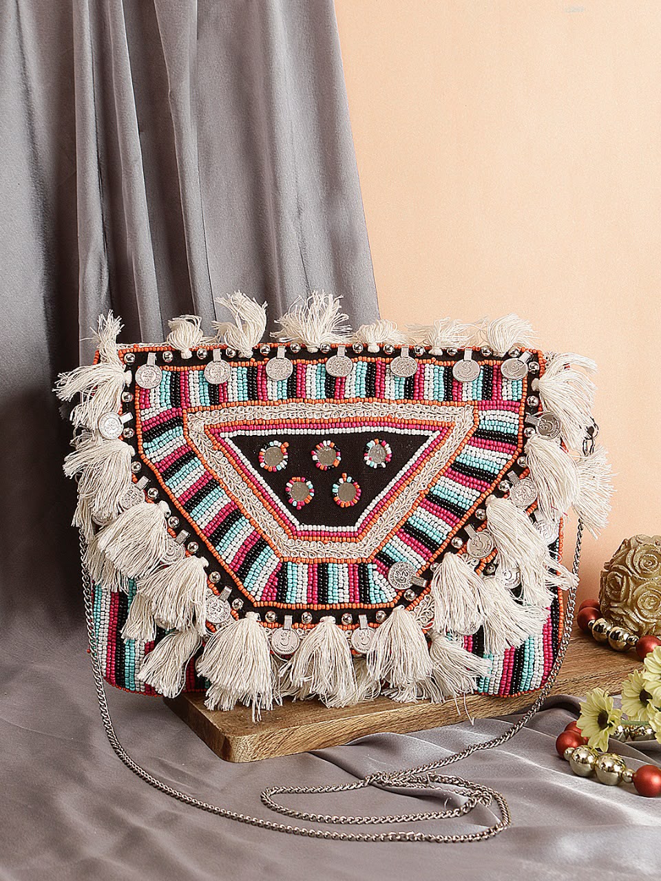 Original Tribal Prism black beaded triangle tassel bag