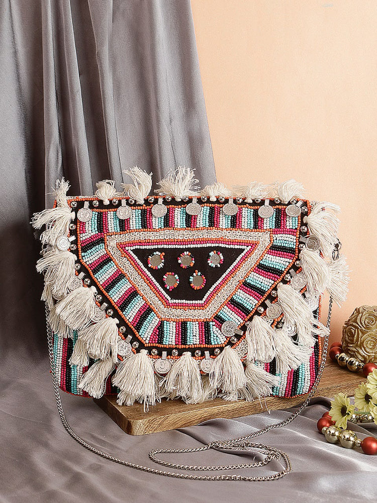 Original Tribal Prism black beaded triangle tassel bag