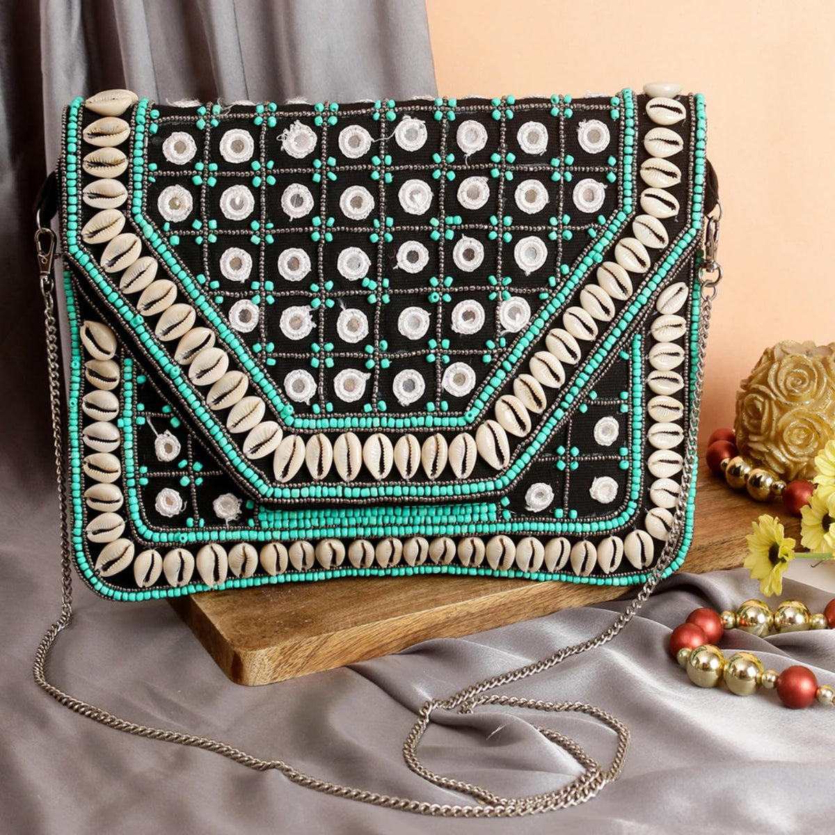Original Black & Turquoise shell and mirror beaded clutch
