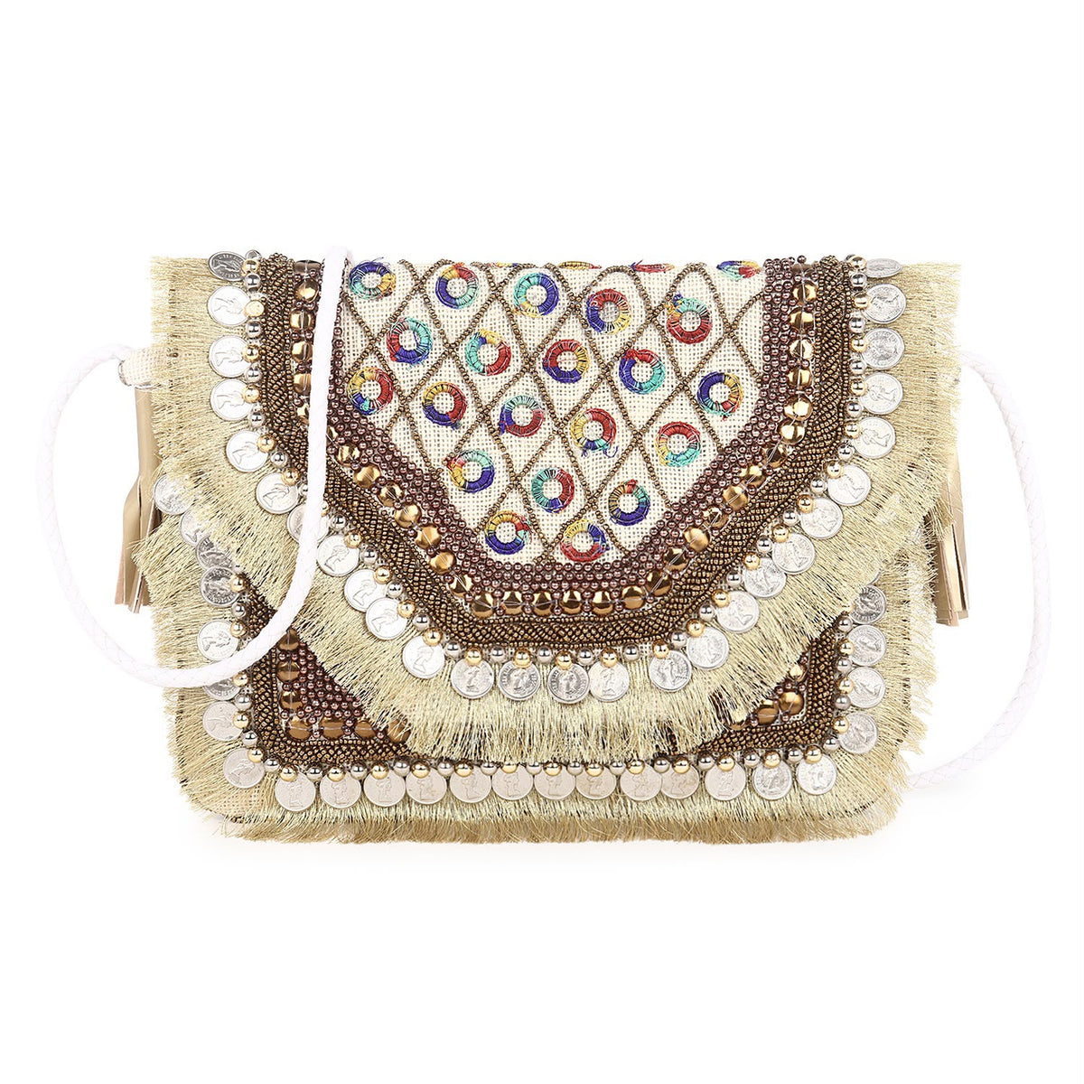 Original Golden Carnival coin and fringe envelope clutch