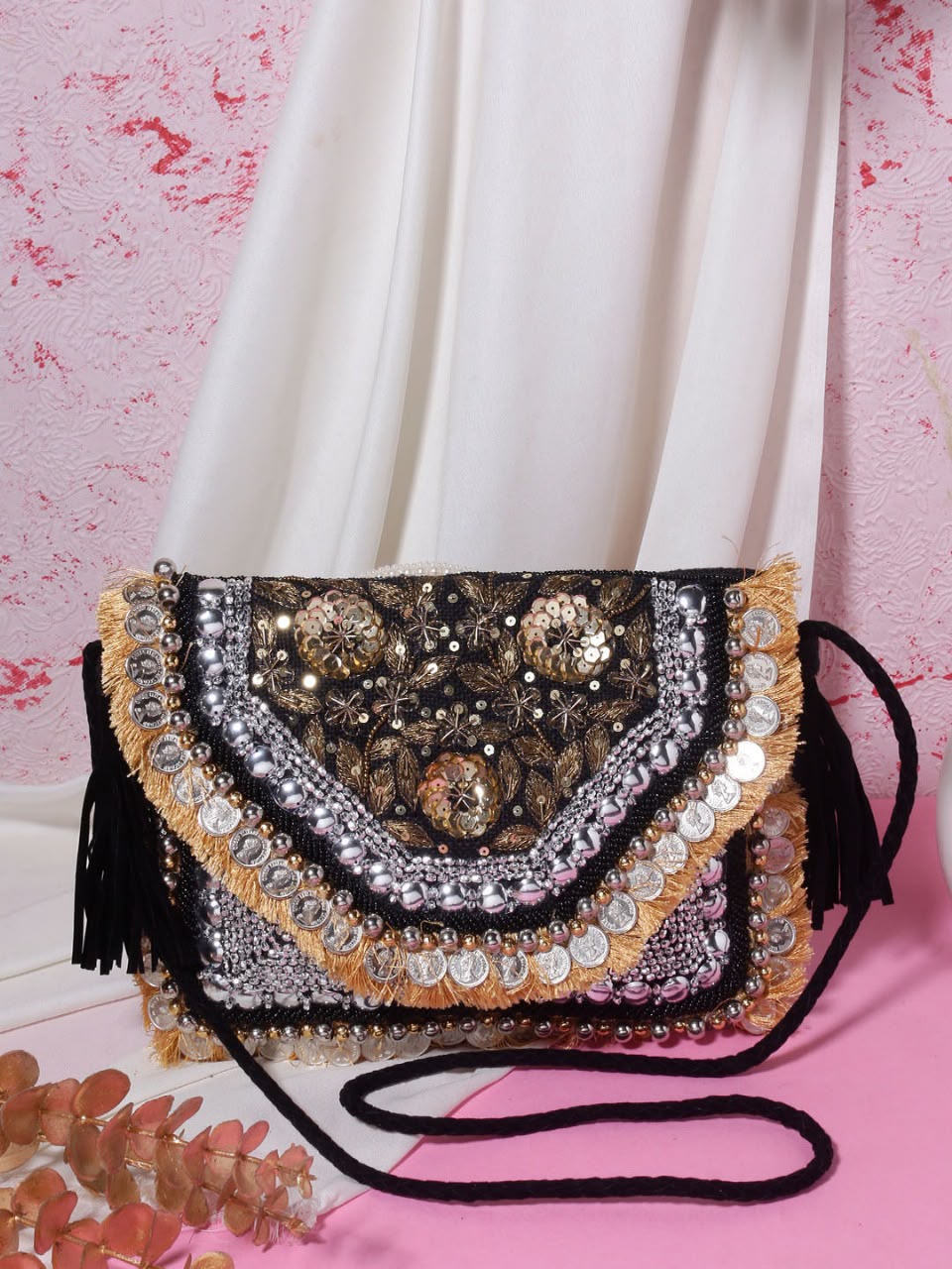 Original Golden Nocturne gold floral sequin and coin-trim bag with black strap