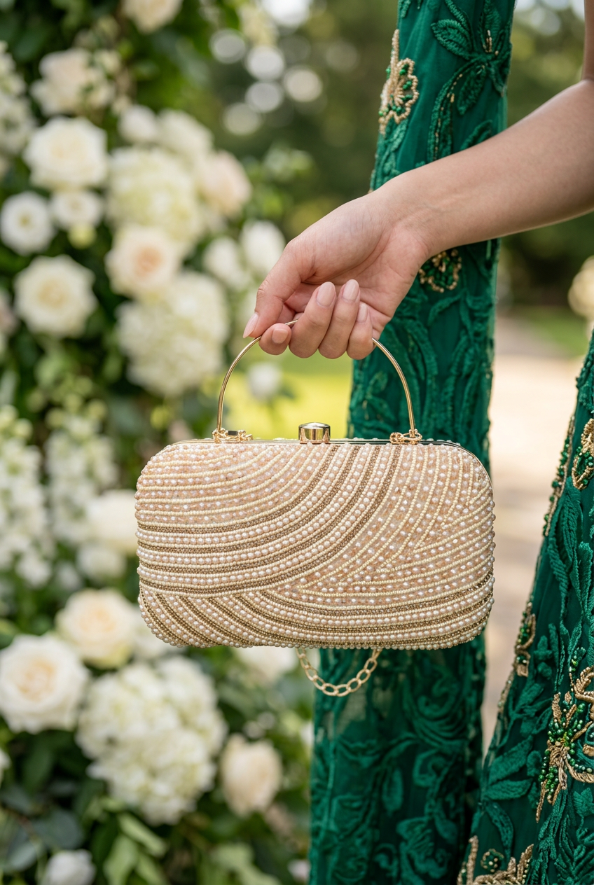 Satin Current Gold wave beaded clutch at a wedding