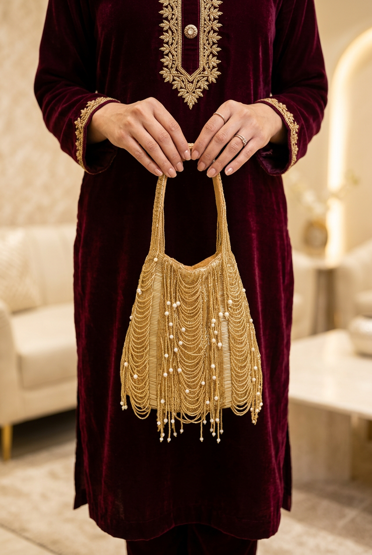 Woman in a burgundy festive outfit holding the small gold beaded potli by its original beaded loop handles