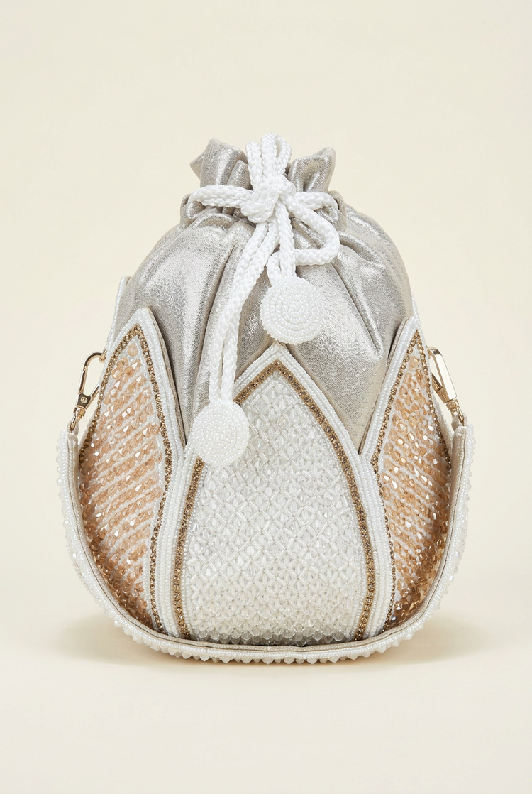 Crystal Petal silver and blush beaded potli, studio view