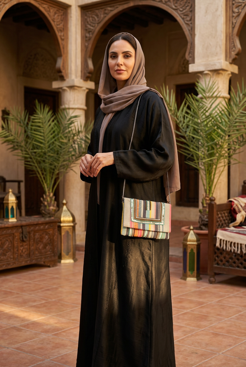 Prism clutch styled with a black abaya and taupe shayla