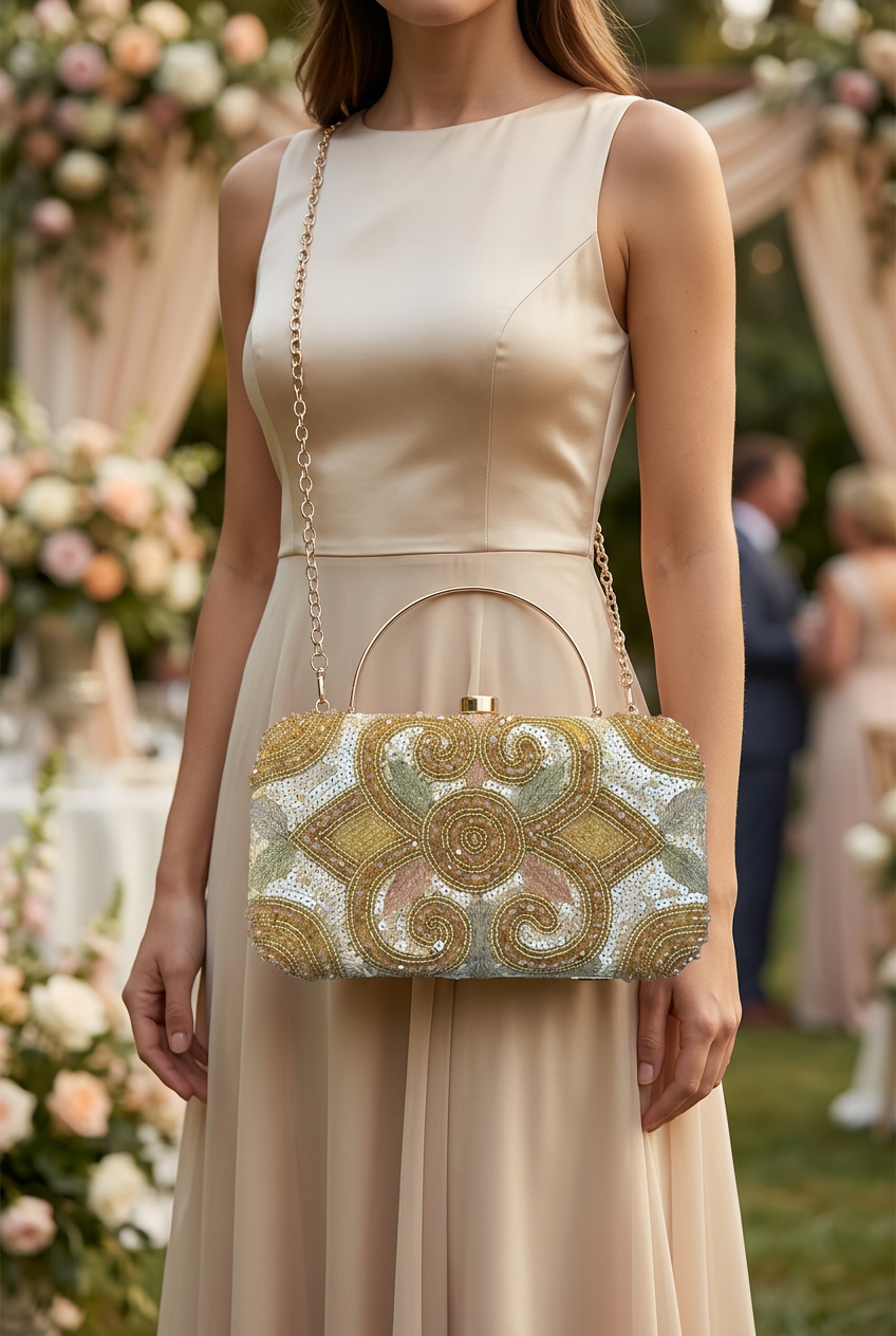 Golden Scroll sling bag styled for garden wedding