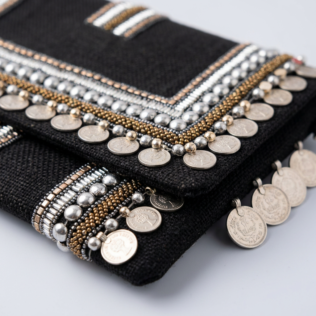 Black clutch studs beadwork and coin charms, AI-generated detail image