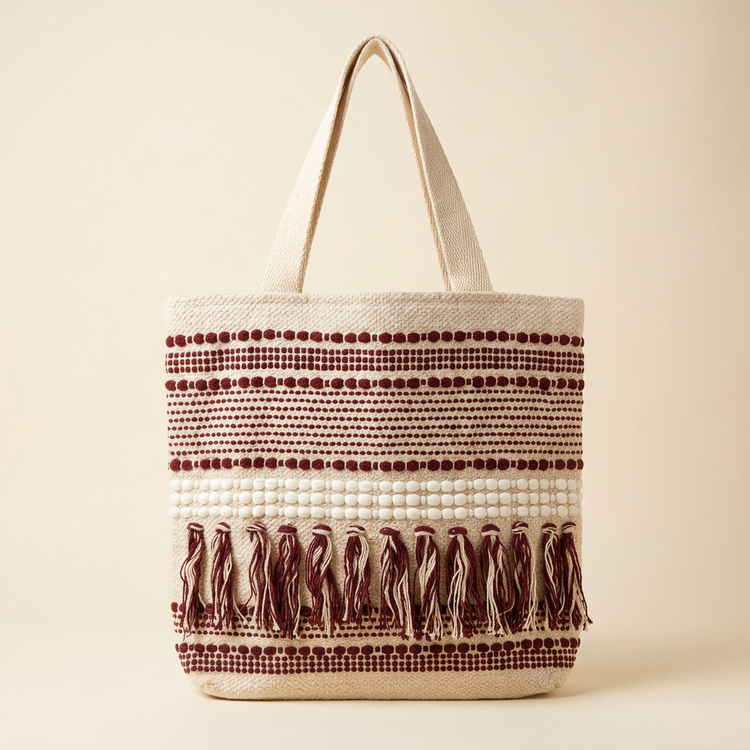 Burgundy and cream woven tote with a white bobble band and tassels, studio view