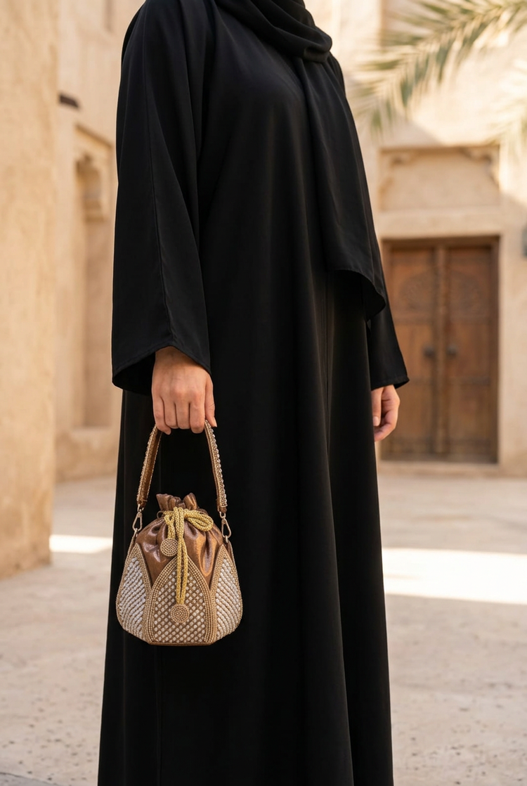 Bronze Petal potli carried with black abaya