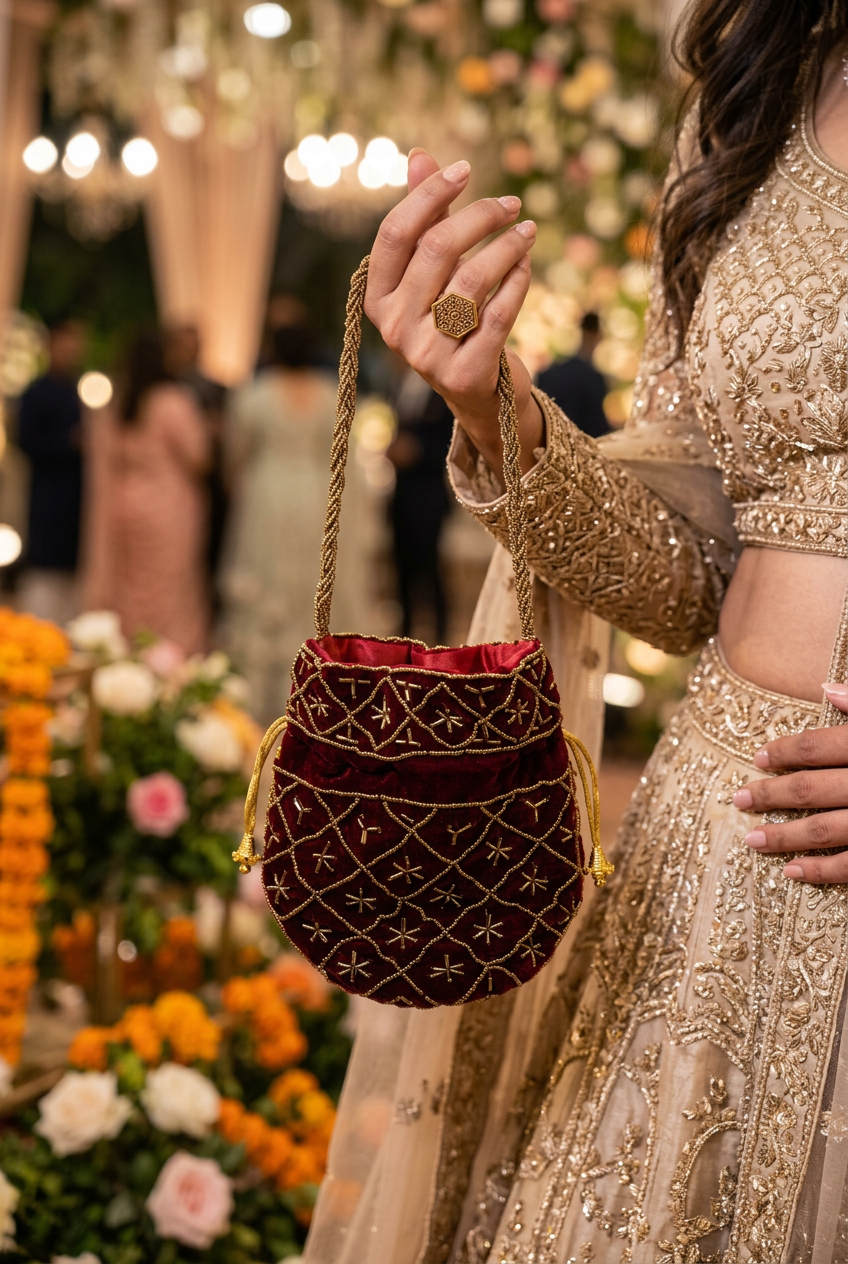 Burgundy mini potli styled with wedding guest occasionwear