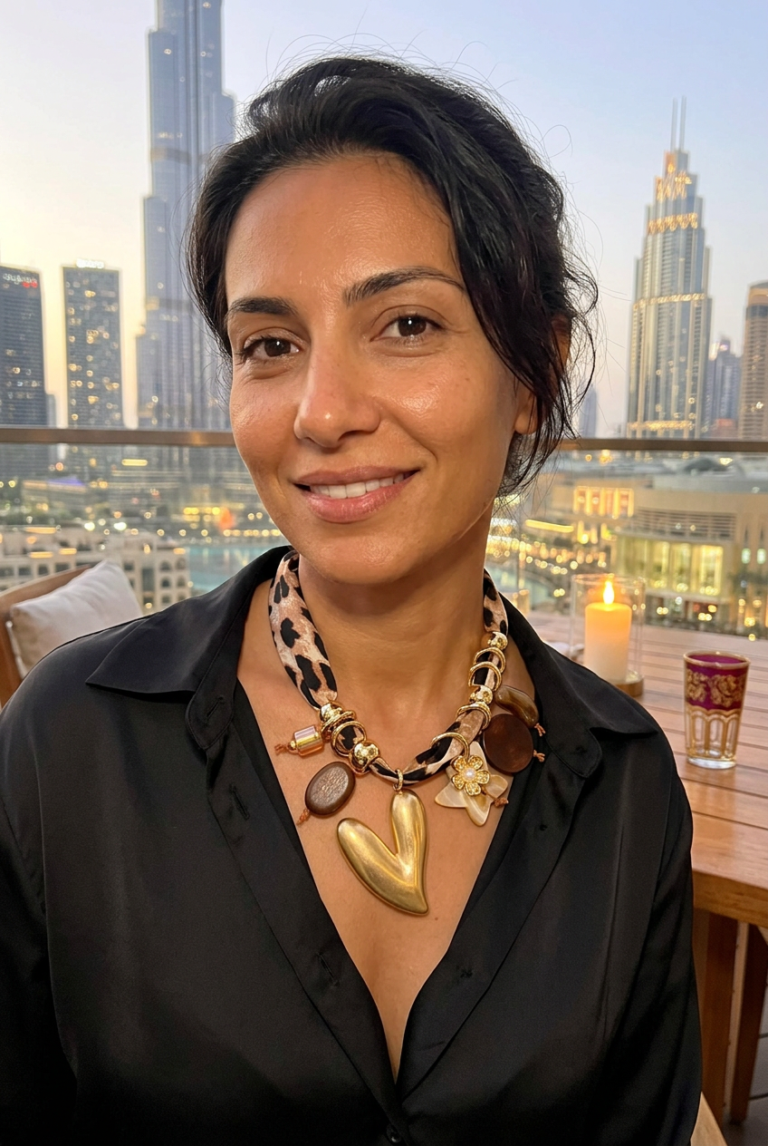 Medium-size leopard scarf and gold heart necklace worn with black