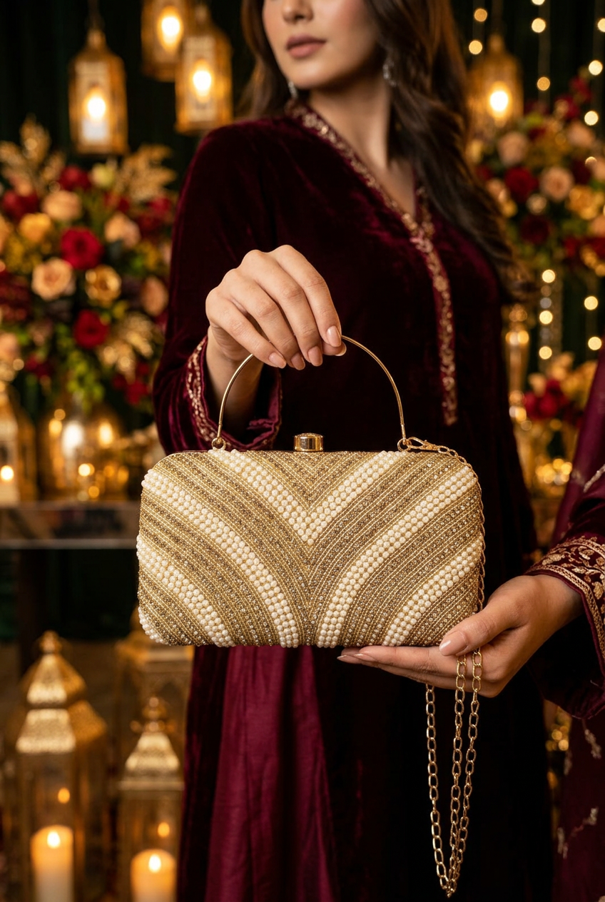Pearl Contour Gold clutch at a festive celebration