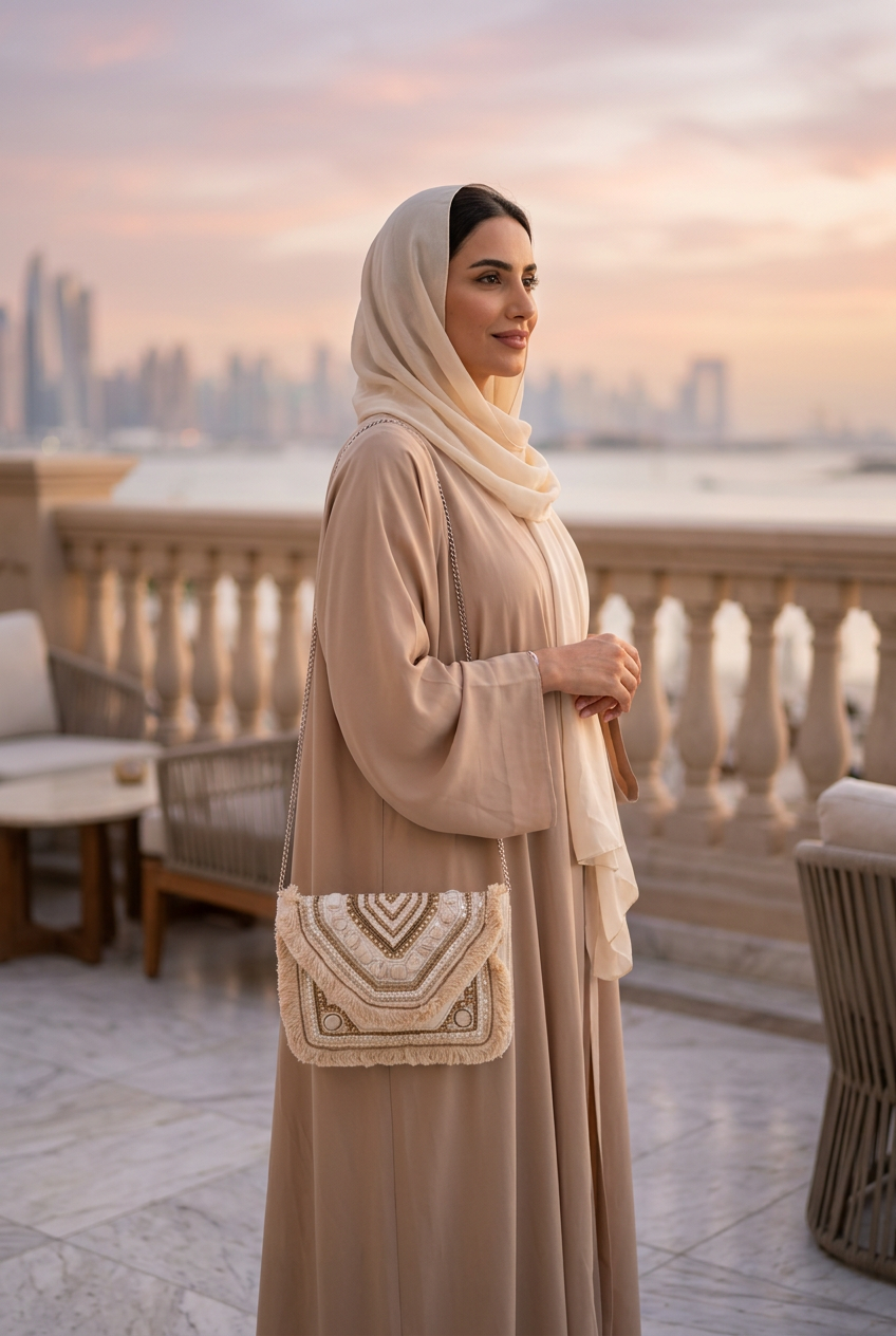Ivory fringe envelope crossbody worn with a sand abaya and cream shayla on a sunset terrace