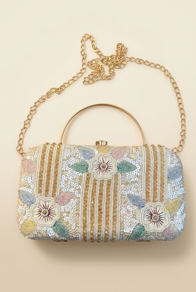 Pastel Bloom floral beaded sling bag, front studio view